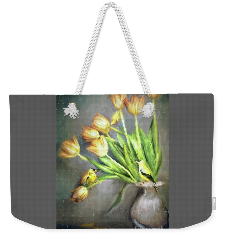 American Goldfinches Weekender Tote Bag featuring the painting Sweet Goldfinches by Tina LeCour