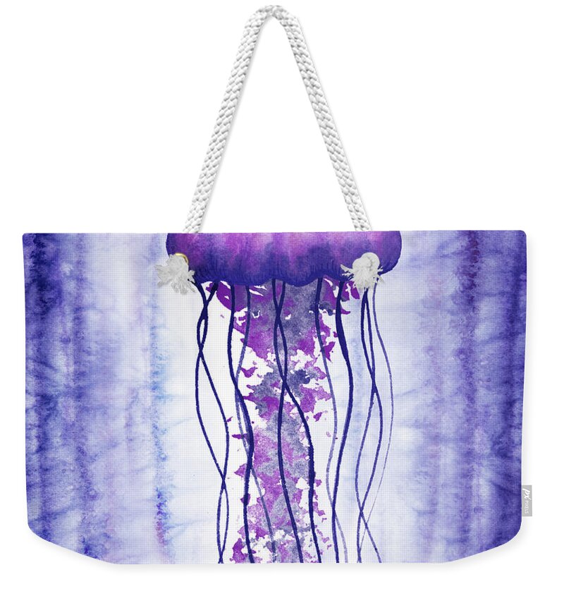 Purple Weekender Tote Bag featuring the painting Swimming In Purple Ocean Jellyfish Watercolor by Irina Sztukowski