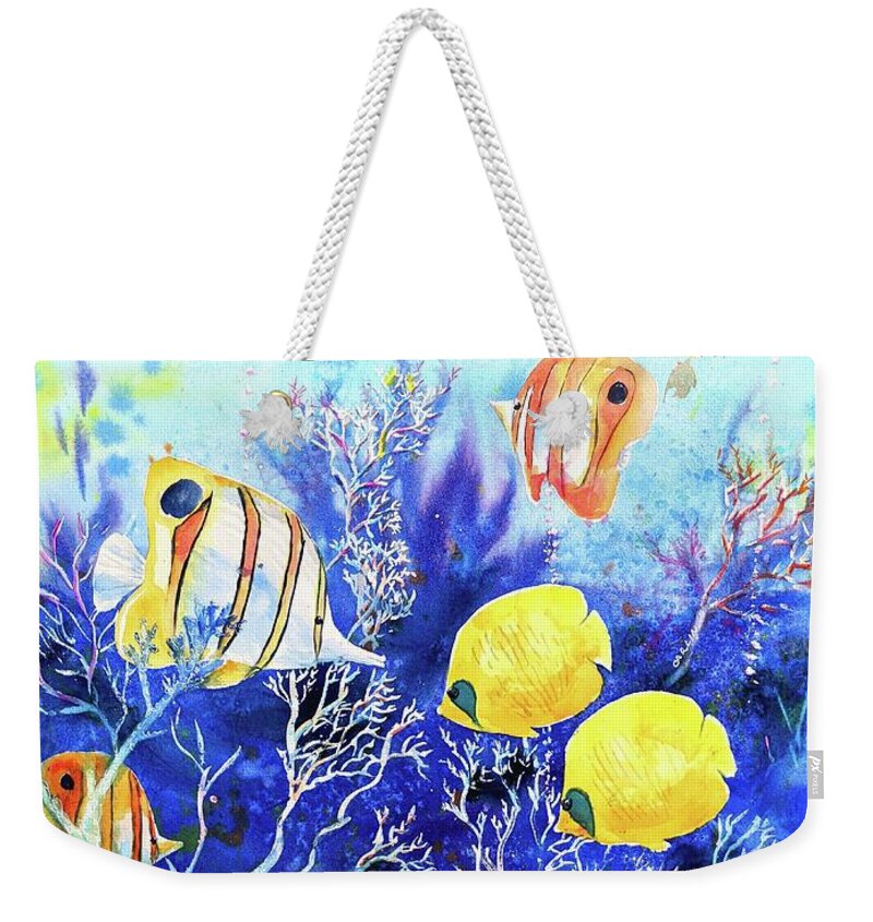 Underwater Weekender Tote Bag featuring the painting Swimming with the Fish by Carlin Blahnik CarlinArtWatercolor
