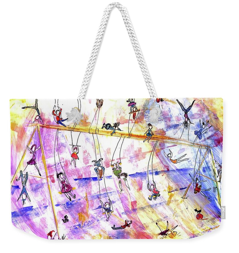 Swingset Whimsy Weekender Tote Bag featuring the painting Swingset Whimsy Playground Series by Patty Donoghue