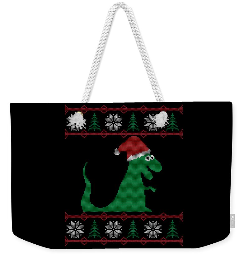 Christmas 2023 Weekender Tote Bag featuring the digital art T-Rex Santa Ugly Christmas Sweater by Flippin Sweet Gear