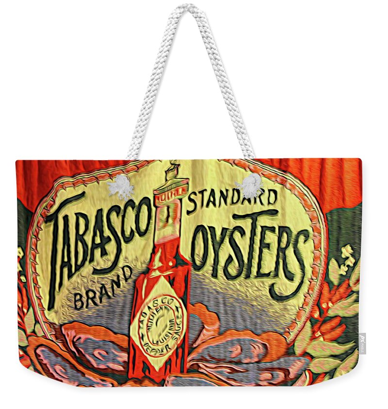 Avery Island Weekender Tote Bag featuring the photograph Tabasco Brand Standard Oysters Display by Chuck Kuhn