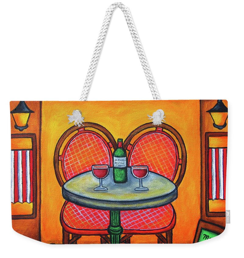 Paris Weekender Tote Bag featuring the painting Table for Two in Paris by Lisa Lorenz