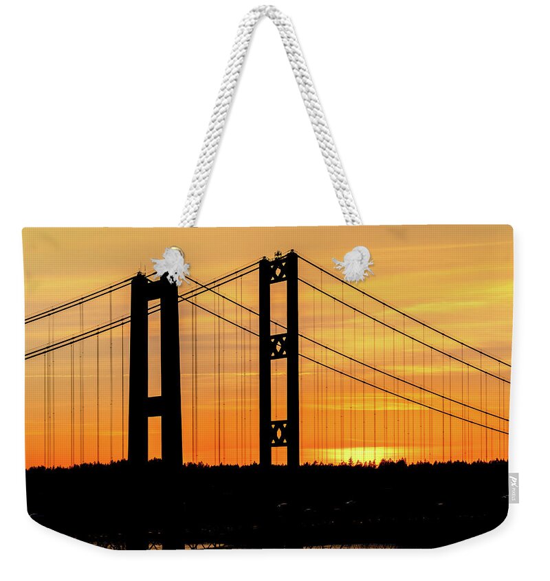 Tacoma Weekender Tote Bag featuring the photograph Tacoma Narrows Bridges Fiery Sunset by Rob Green