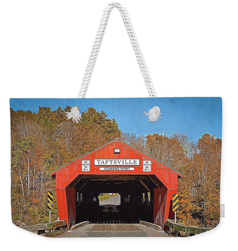 Taftsville Covered Bridge Vermont Weekender Tote Bag featuring the digital art Taftsville Covered Bridge Retro Style by Dan Sproul