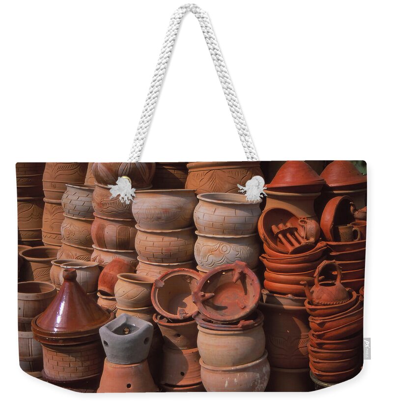 Meknes Weekender Tote Bag featuring the photograph Tagine cookers and other pottery by Steve Estvanik