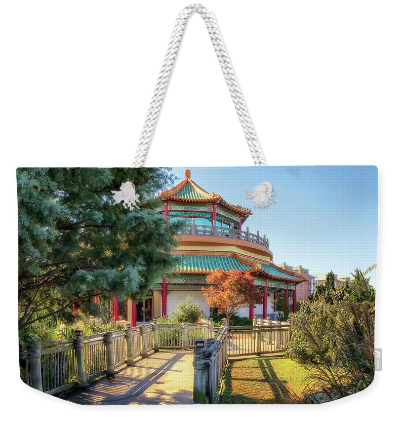 Pagoda Weekender Tote Bag featuring the photograph Taiwan Friendship Pavillion - Norfolk by Susan Rissi Tregoning