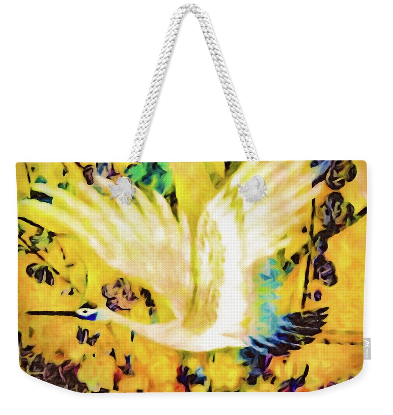 Crane Weekender Tote Bag featuring the digital art Taking Wing Above the Garden - Kimono Series by Susan Maxwell Schmidt