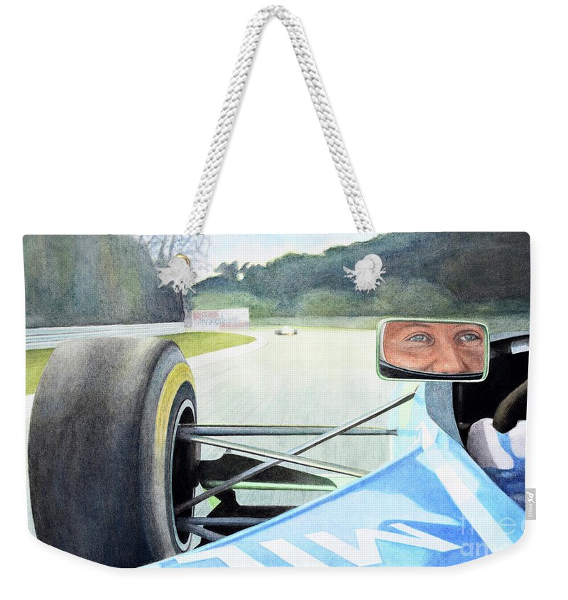 Michael Schumacher Weekender Tote Bag featuring the painting Tamburello 1994 by Oleg Konin
