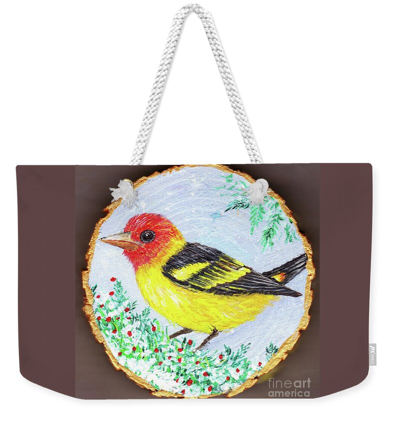 Acrylic Painting Weekender Tote Bag featuring the painting Tanagers Ornament by Sudakshina Bhattacharya
