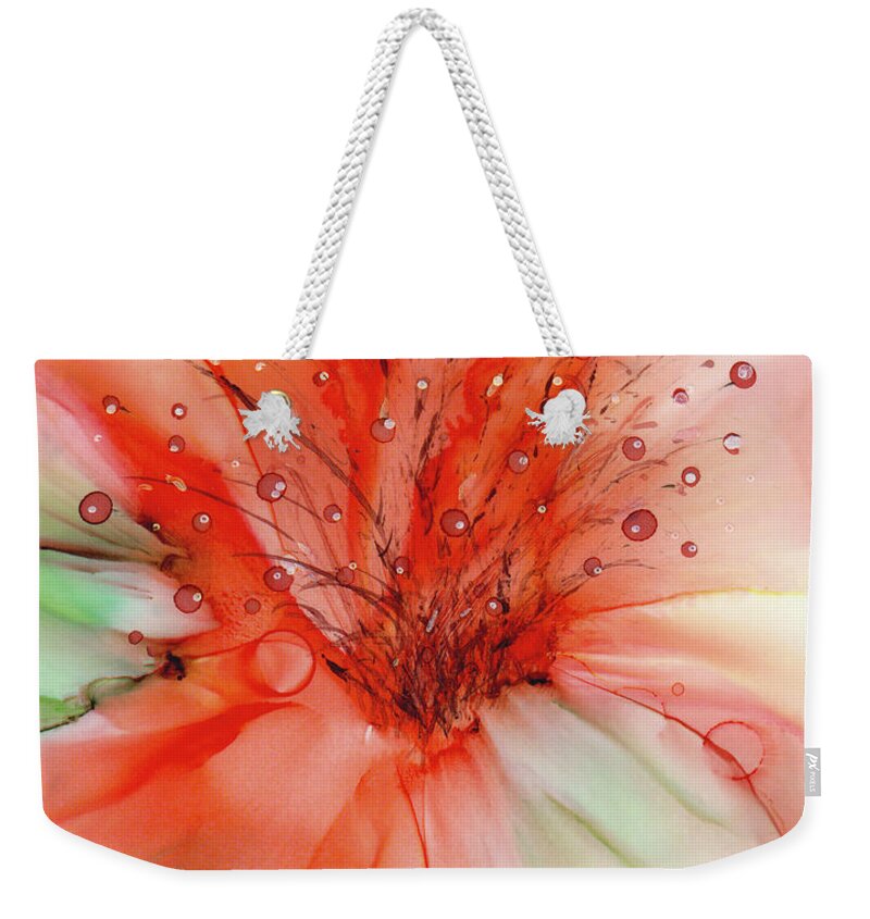 Beautiful Floral Painting In Orange Hues With Detailed Center. Lots Of Energy And Movement In The Piece! Original Painting Was Done In Vibrant Alcohol Ink Which Has A Wonderful Organic Flow. Weekender Tote Bag featuring the painting Tangerine Bloom by Kimberly Deene Langlois