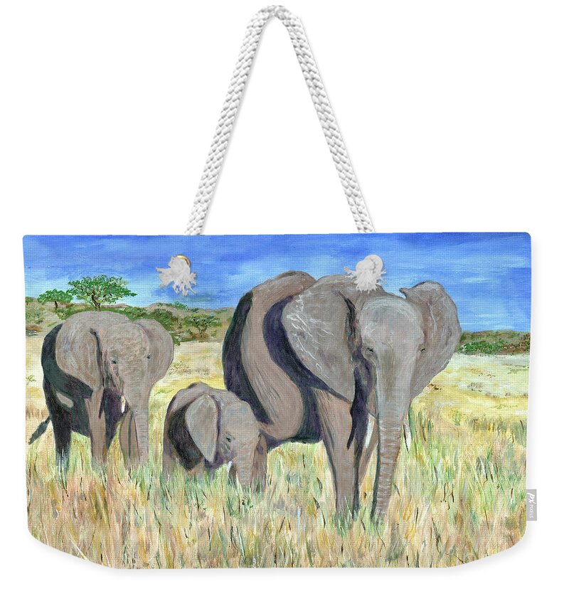 Timothy Hacker Weekender Tote Bag featuring the painting Tanzania Elephant Family 2 by Timothy Hacker