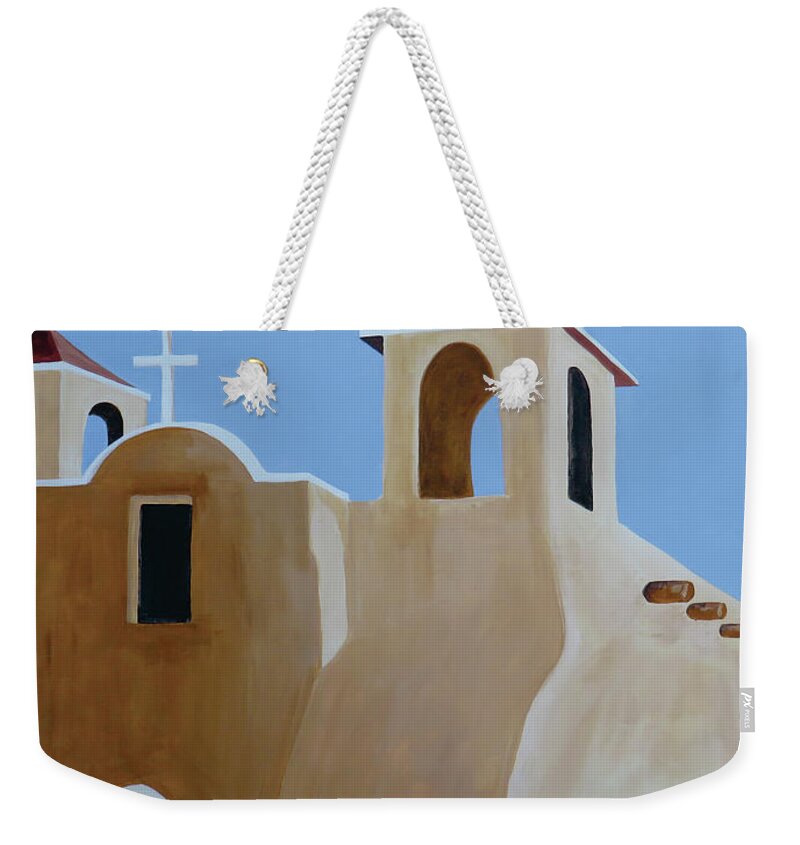 Taos Weekender Tote Bag featuring the painting Taos Church One by Ted Clifton