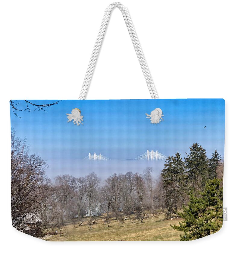 Sky Weekender Tote Bag featuring the photograph Tappan Zee Bridge Fog and Eagle by Russ Considine