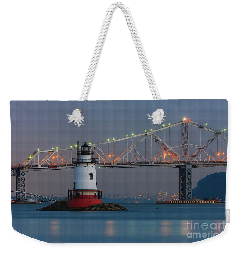 Clarence Holmes Weekender Tote Bag featuring the photograph Tarrytown Lighthouse and Tappan Zee Bridge at Twilight by Clarence Holmes