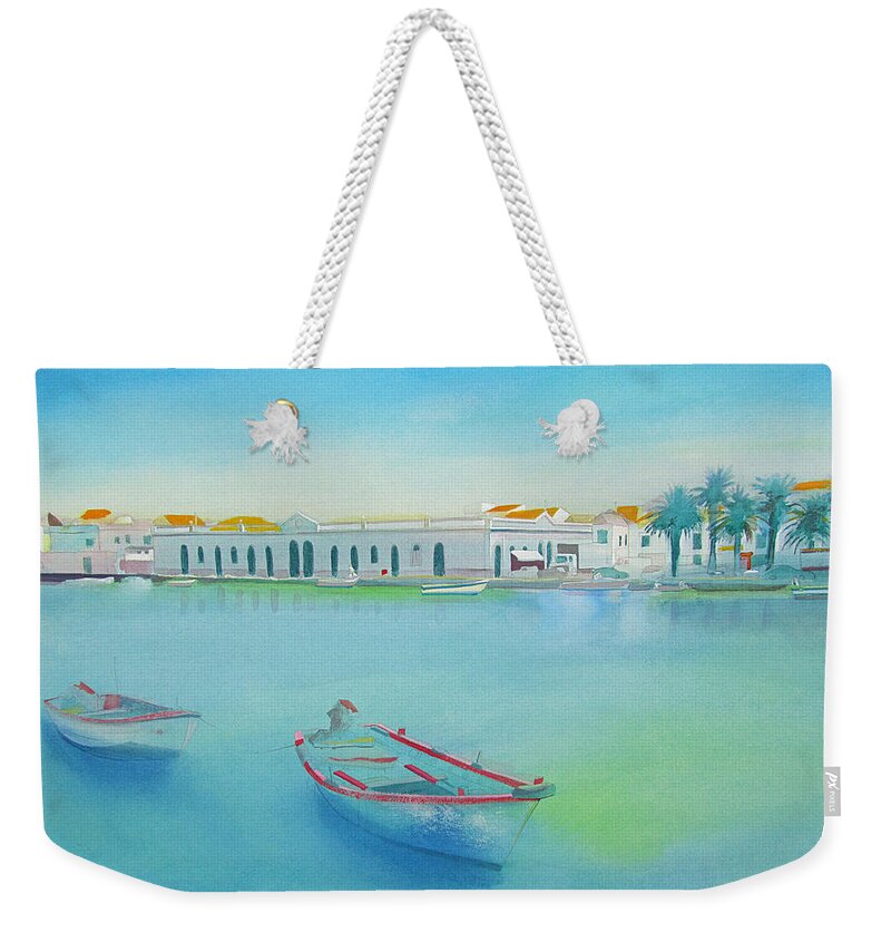 Boat Weekender Tote Bag featuring the painting Tavira Portugal the Old Market by Charles Stuart