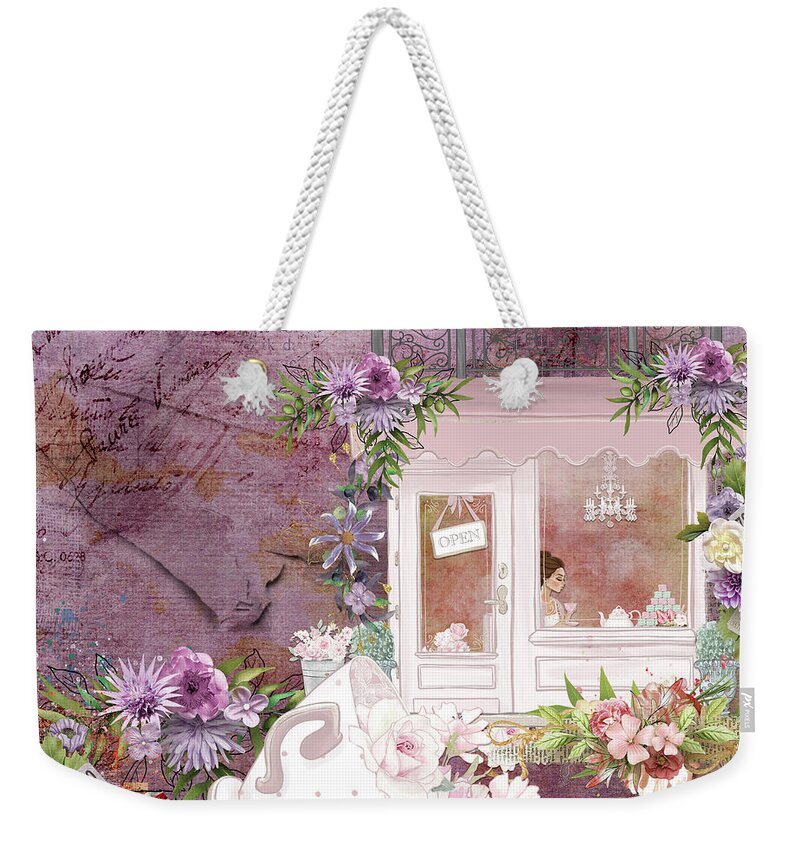 Nickyjameson Weekender Tote Bag featuring the mixed media Tea Shop Times by Nicky Jameson