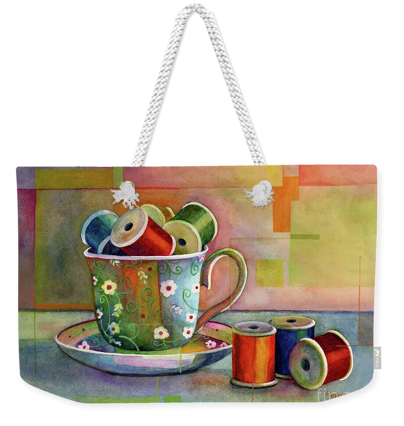 Teacup Weekender Tote Bag featuring the painting Teacup and Spools by Hailey E Herrera