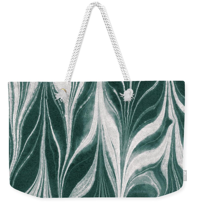 Gray Weekender Tote Bag featuring the painting Teal Gray Leaves Wave Organic Pattern Decor III by Irina Sztukowski