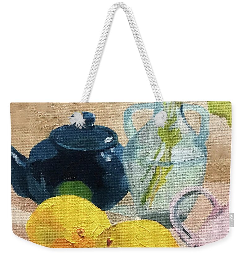 Lemon Weekender Tote Bag featuring the painting Teal Teapot and Lemons by Anne Marie Brown