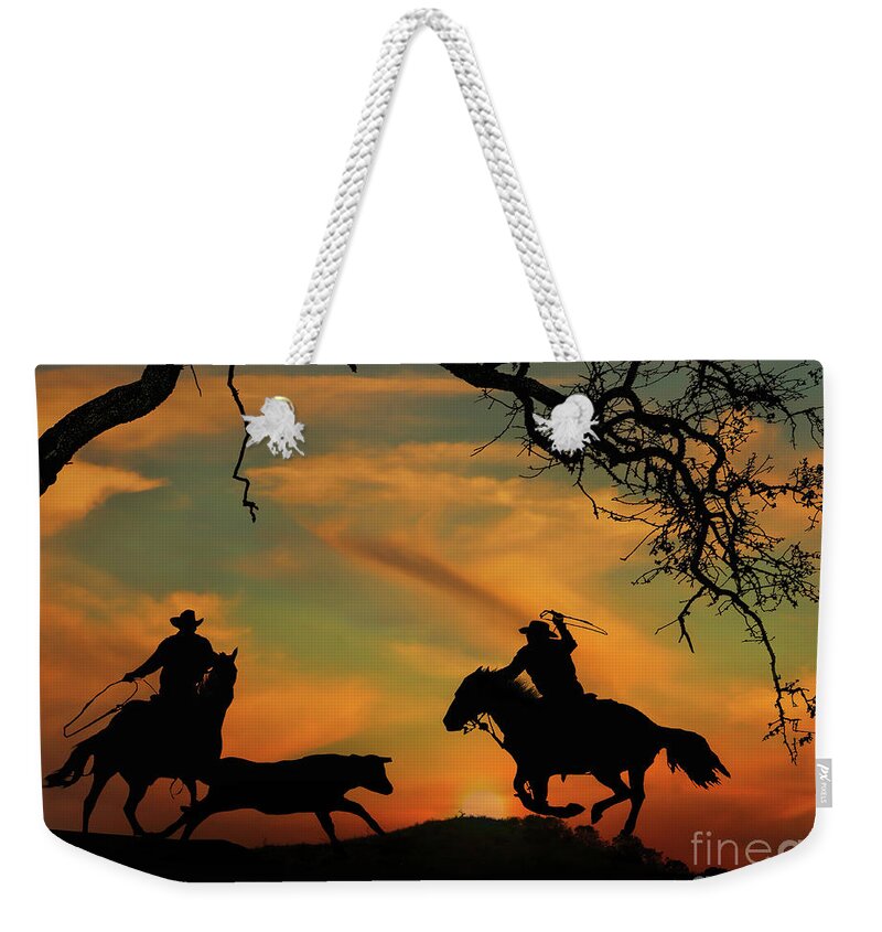 Cowboys Weekender Tote Bag featuring the photograph Team Roping Silhouetted Cowboys with Brilliant Sunset by Stephanie Laird