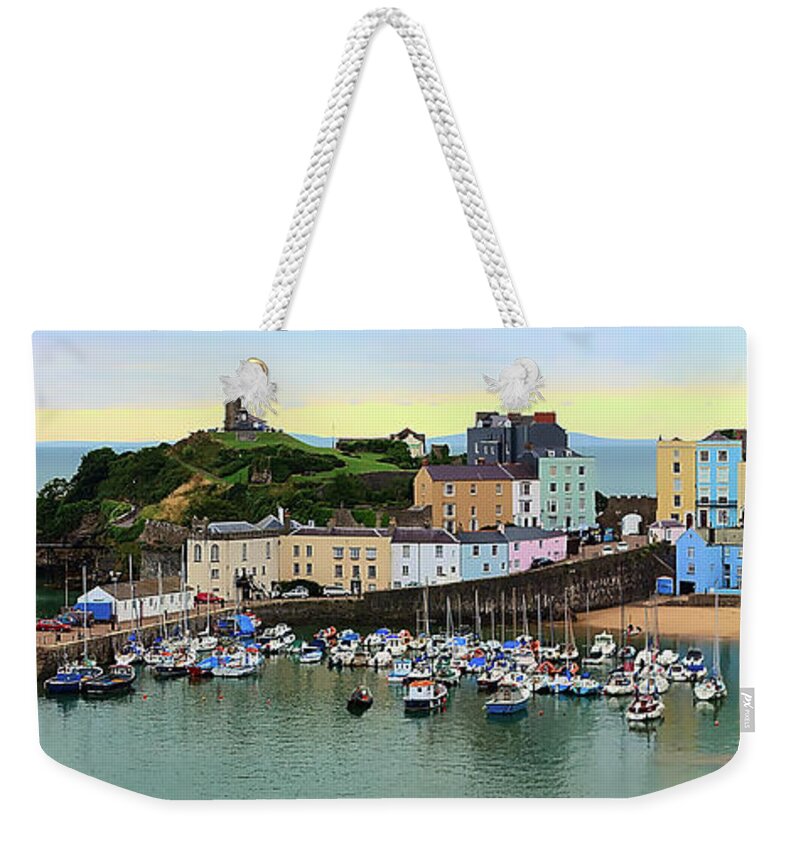 Tenby Weekender Tote Bag featuring the photograph Tenby Harbour Panorama by Jeremy Hayden