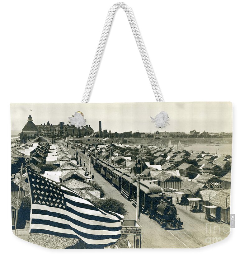 Coronado Island Hotel Del San Diego California Ca Orange Avenue Beach Vintage 1900s Restoration Restored Classic Rare Select Important Vacation Wedding Newly Weds Landscapes Castle Photo Photography Weekender Tote Bag featuring the photograph Tent City Coronado Train 1900's by Glenn McNary
