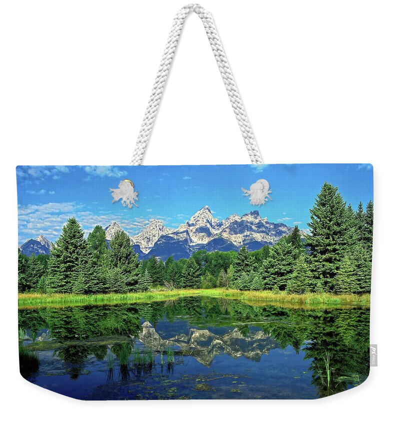 Teton Mountains Weekender Tote Bag featuring the photograph Teton Mountains Reflected by Sally Weigand