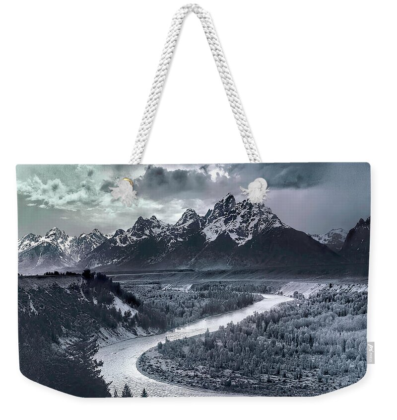 Tetons And The Snake River Weekender Tote Bag featuring the digital art Tetons And The Snake River by Ansel Adams