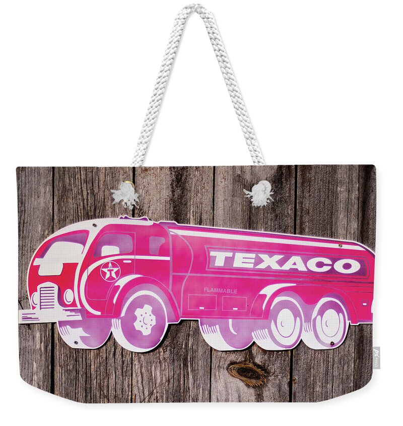 Texaco Weekender Tote Bag featuring the photograph Texaco Gas truck sign by Flees Photos