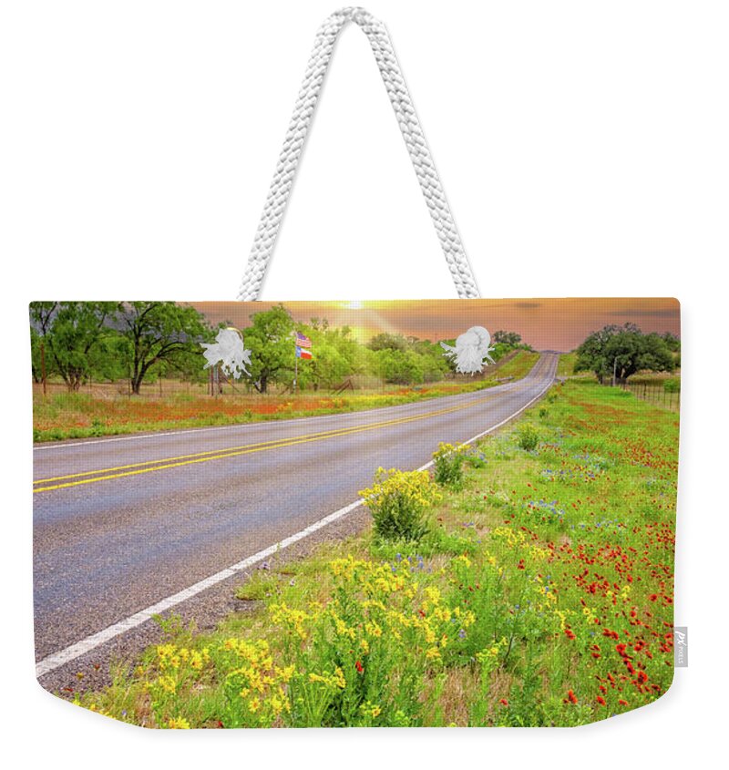 Texas Hill Country.texas Wildflowers Weekender Tote Bag featuring the photograph Texas Backroad Bliss by Lynn Bauer