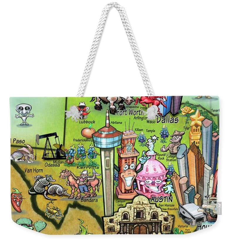 Texas Weekender Tote Bag featuring the digital art Texas Fun Map by Kevin Middleton