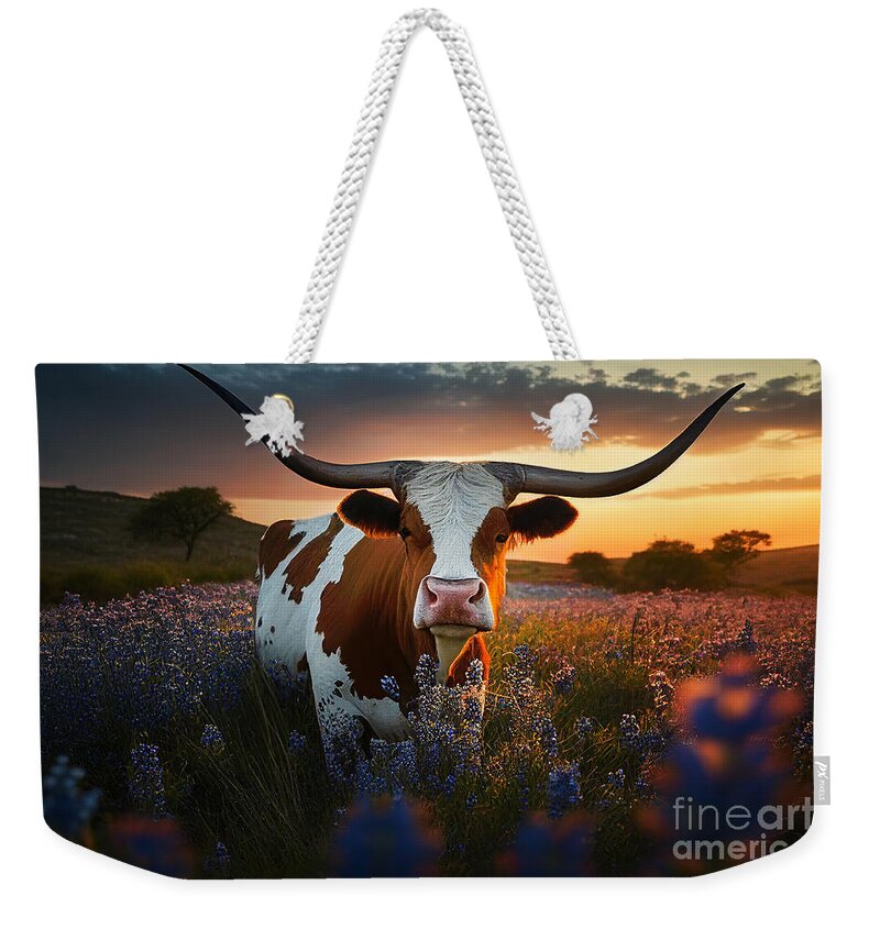 Longhorn Weekender Tote Bag featuring the photograph Texas longhorn cow, bluebonnets at sunset by Delphimages Photo Creations