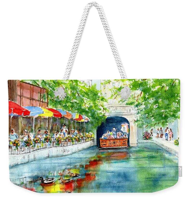 San Antonio Weekender Tote Bag featuring the painting Texas San Antonio River Walk 2 by Carlin Blahnik CarlinArtWatercolor