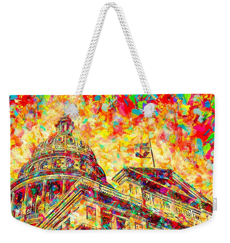 Texas State Capitol Weekender Tote Bag featuring the digital art Texas State Capitol in Austin - colorful painting by Nicko Prints