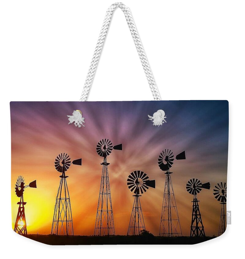 Texas Weekender Tote Bag featuring the photograph Texas windmills at sunset by Pam Rendall