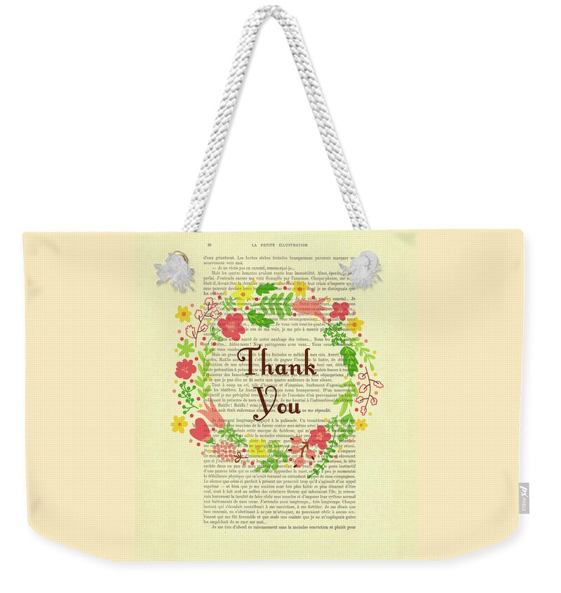 Thank You Weekender Tote Bag featuring the digital art Thank you flower wreath drawing by Madame Memento