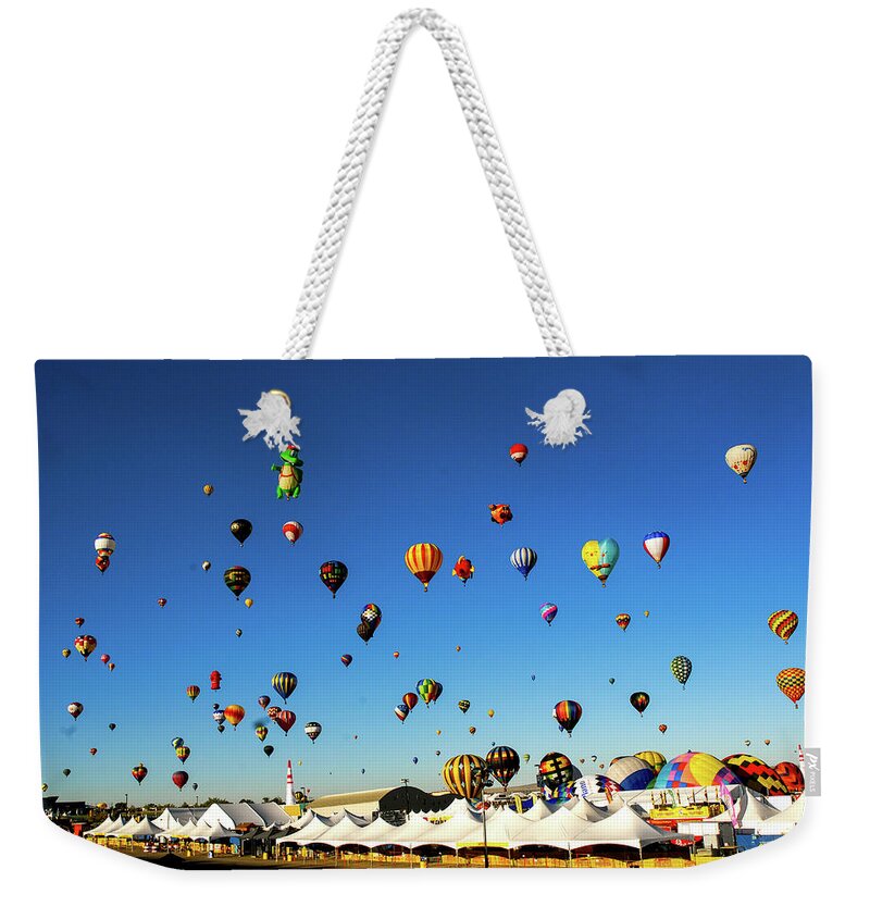 Albuquerque Weekender Tote Bag featuring the photograph Rise - Albuquerque Hot Air Balloon Festival. New Mexico by Earth And Spirit
