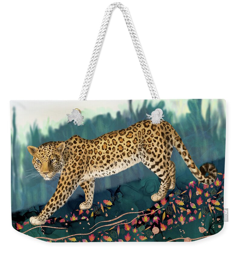Amur Leopard Weekender Tote Bag featuring the digital art The Amur Leopard in the Woodlands by Andreea Dumez