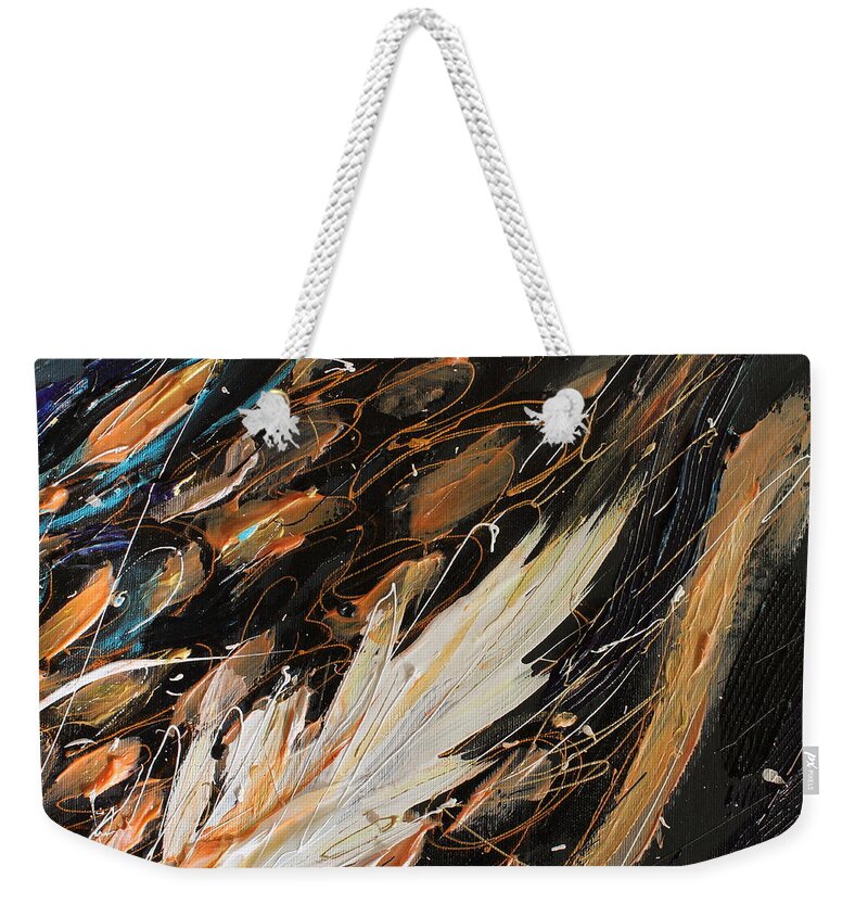 Black Background Weekender Tote Bag featuring the painting The Angel Wings #16. The inner light. Fragment 1 by Elena Kotliarker