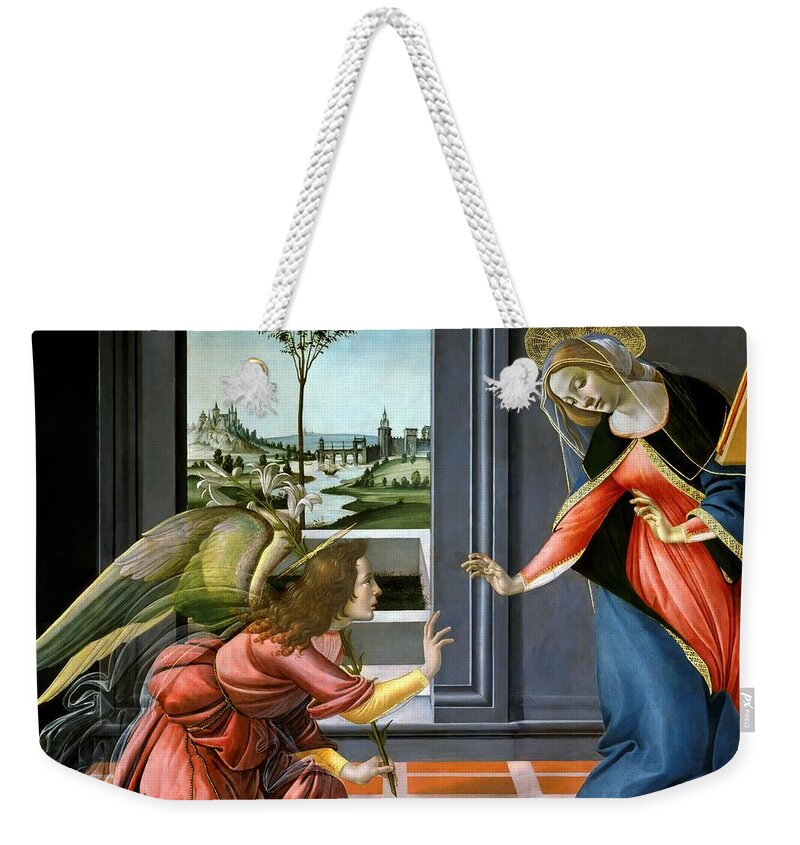 Botticelli Annunciation 1481 Weekender Tote Bag featuring the painting The Annunciation 1489 by Sandro Botticelli