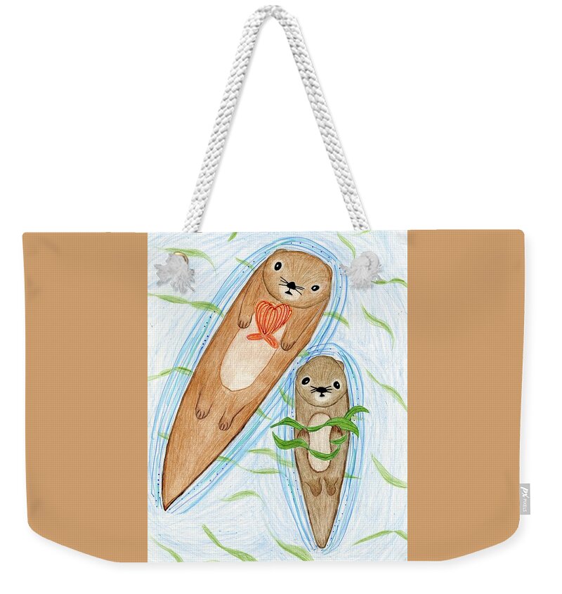 Otters Weekender Tote Bag featuring the drawing The Awesome Clever Sea Otters by Cassidy Cheng 2nd grade by California Coastal Commission