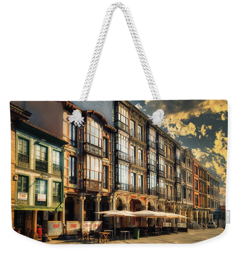 Typical Weekender Tote Bag featuring the photograph The balconies street of Aviles by Micah Offman