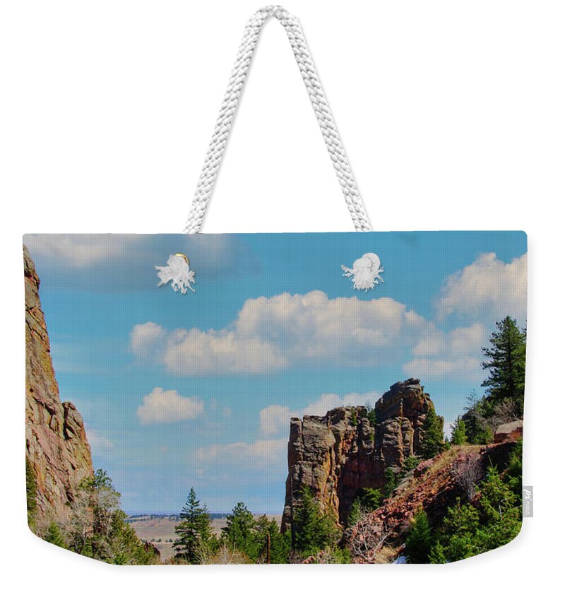 Rock Climber Weekender Tote Bag featuring the photograph Eldorado Canyon State Park,The Bastille by Tom Potter