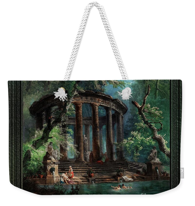 The Bathing Pool Weekender Tote Bag featuring the painting The Bathing Pool by Hubert Robert v3 Old Masters Classical Fine Art Reproduction by Rolando Burbon