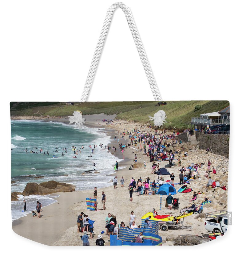 Sennen Cove Summer Beach Blue Sky Cornwall Uk Weekender Tote Bag featuring the photograph The beach at Sennen Cove, Cornwall by Tony Mills