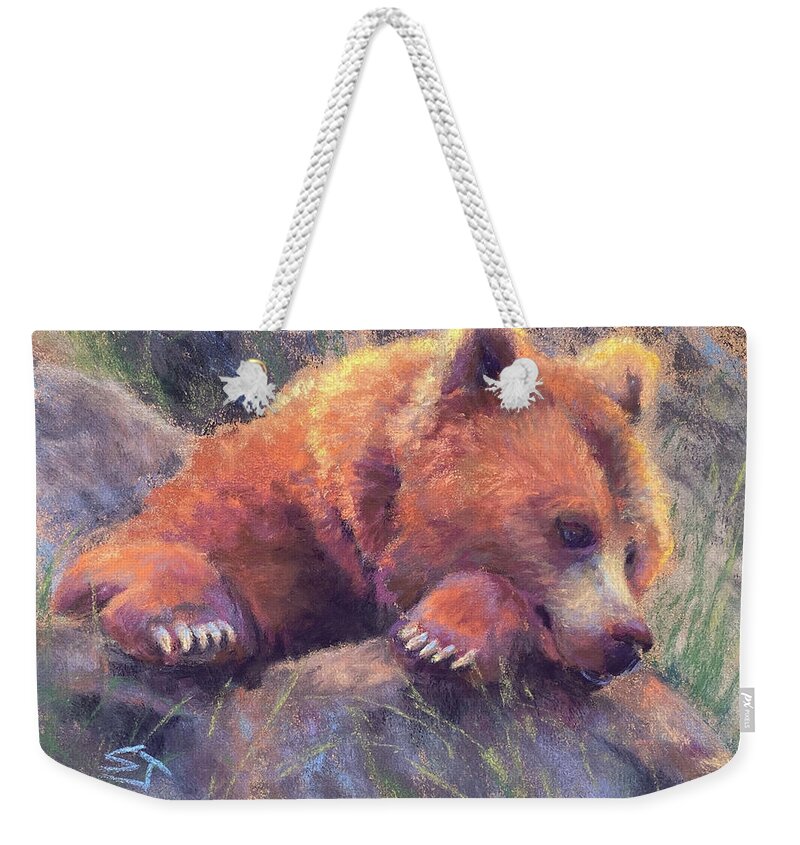 Grizzly Bear Weekender Tote Bag featuring the painting The Bear Went Over the Mountain by Susan Jenkins