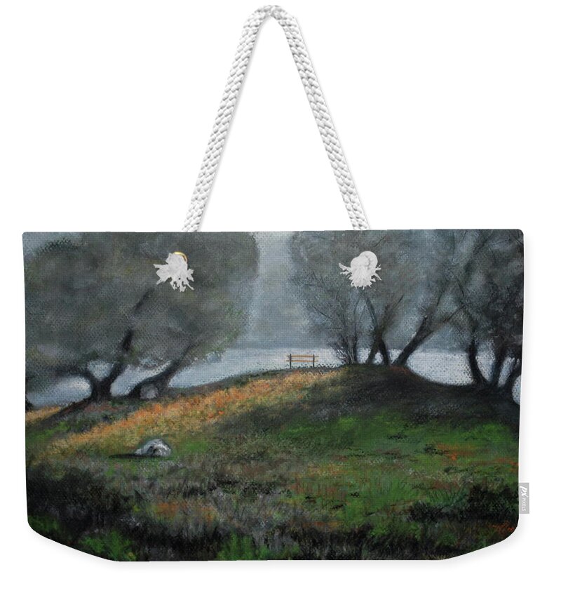 Foggy Day Weekender Tote Bag featuring the pastel The Bench by Sandra Lee Scott