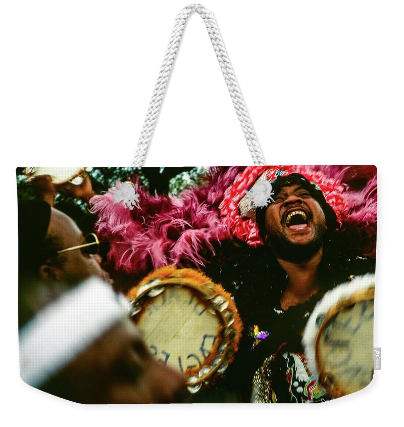 Mardi Gras Weekender Tote Bag featuring the photograph The Big Chief - Mardi Gras Black Indian Parade, New Orleans by Earth And Spirit
