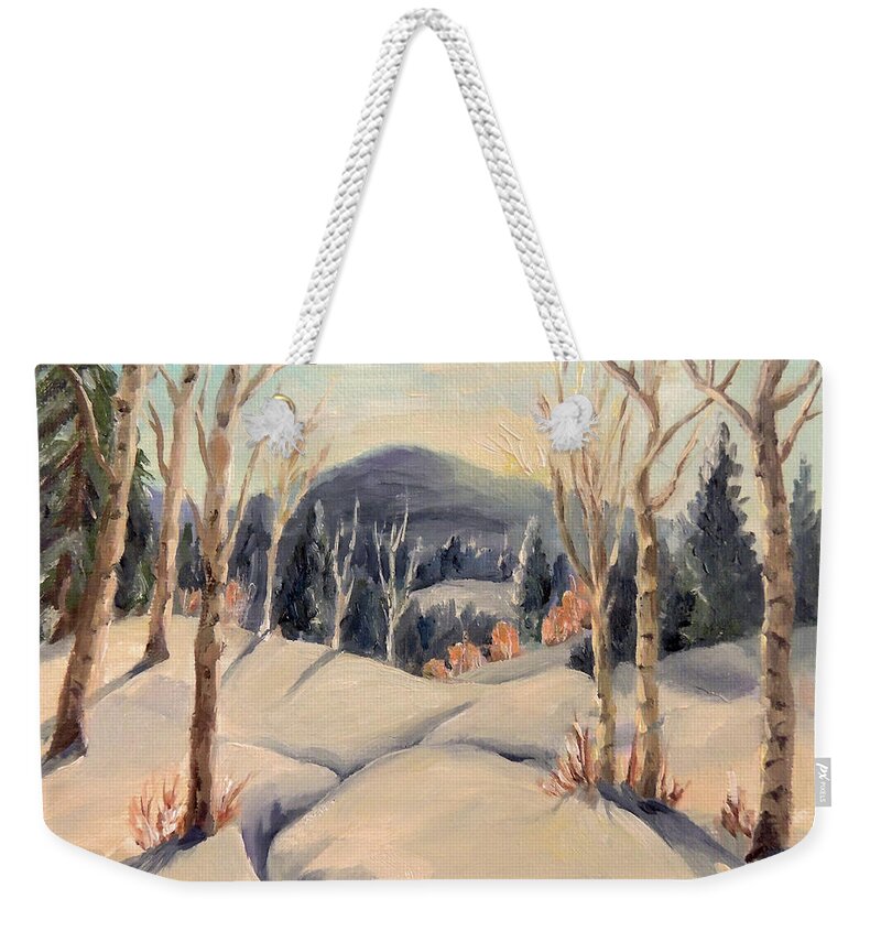 Painting Weekender Tote Bag featuring the painting The Birches Winter View by Nancy Griswold